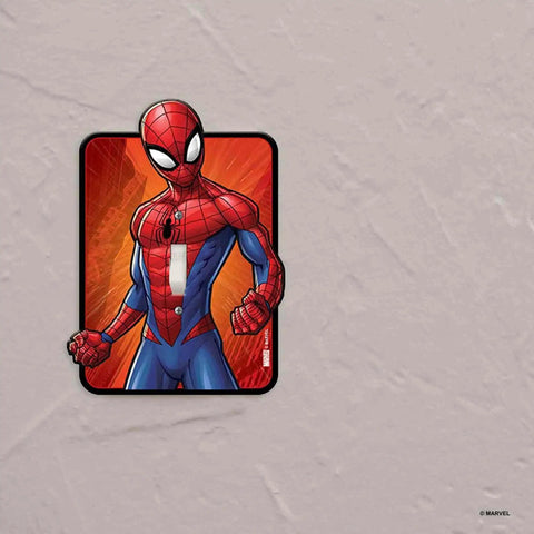 Spider Man Embossed Metal Light Switch Plate Decor For Bedroom And Man Cave Licensed Marvel Gear Durable Embossed Wall Switch Cover With Dope Hero Artwork featuring Spider-Man on red background.