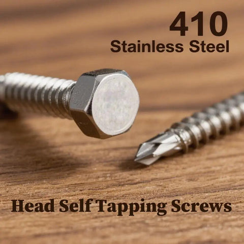 Close-up of 410 stainless steel hex head self tapping screws from a 125 piece self tapping screws kit in 410 stainless hex head assortment.