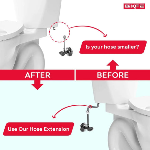 Comparison of toilet without and with Six Inch Hose Extension For Toilet Bidet Sprayer T Adapter Connection Leaks Stopper