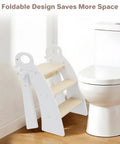 Kid Approved Step Stool For Toddlers And Kids With Adorable Elephant Handles Foldable bathroom counter helper next to a toilet.