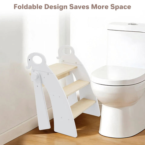 Kid Approved Step Stool For Toddlers And Kids With Adorable Elephant Handles Foldable bathroom counter helper next to a toilet.