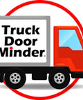 Graphic of a red truck with a square cargo area labeled 'Truck Door Minder', representing Big Rig Cargo Door Alert And Roll Up Opener Security Monitor.