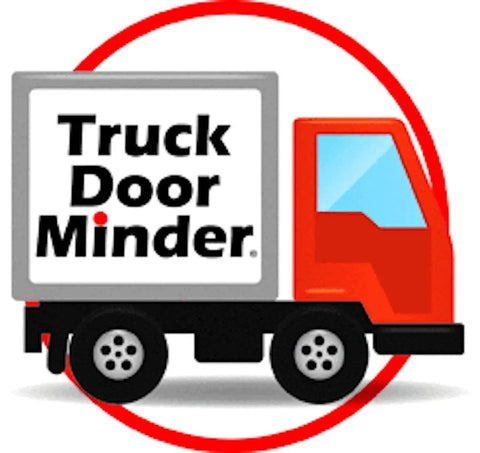 Graphic of a red truck with a square cargo area labeled 'Truck Door Minder', representing Big Rig Cargo Door Alert And Roll Up Opener Security Monitor.