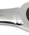 Close-up of 15 mm chrome wrench head from 17 Piece XL Gear Box Double Box End Ratcheting Wrench Set Metric For Pros Off Corner Loading.