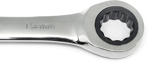 Close-up of 15 mm chrome wrench head from 17 Piece XL Gear Box Double Box End Ratcheting Wrench Set Metric For Pros Off Corner Loading.