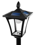 Sun Powered Outdoor Solar Lamp Post Light 65 Inch Tall Black Garden Decor With Warm LED No Wiring Easy Setup Durable Pathway Post Light For Yard Patio with close-up of lamp top and solar panel