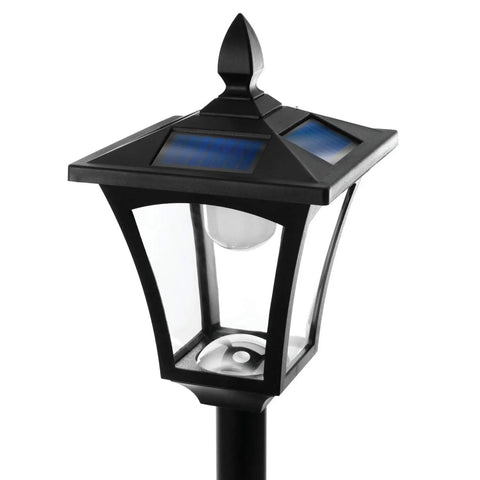 Sun Powered Outdoor Solar Lamp Post Light 65 Inch Tall Black Garden Decor With Warm LED No Wiring Easy Setup Durable Pathway Post Light For Yard Patio with close-up of lamp top and solar panel