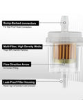Diagram of One Quarter Inch Inline Fuel Filter 40 Micron Universal Pack Of 10 showing bump-barbed connectors and filter housing.