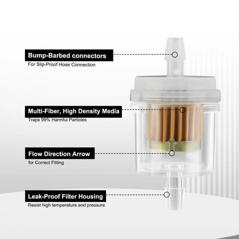 Diagram of One Quarter Inch Inline Fuel Filter 40 Micron Universal Pack Of 10 showing bump-barbed connectors and filter housing.