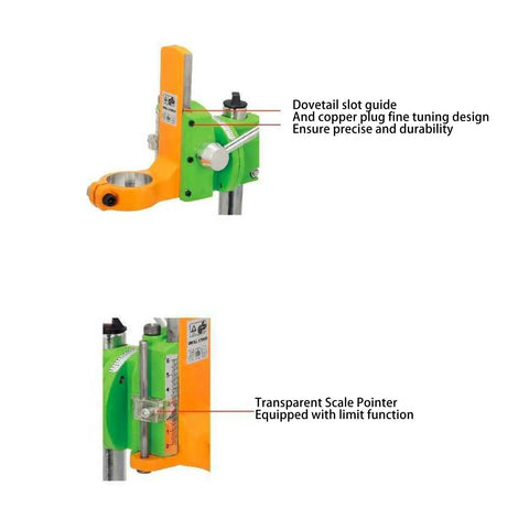 Adjustable Vertical Drill Stand With 90 Degree Rotation Floor Drill Press Table features dovetail slot guide and scale pointer.
