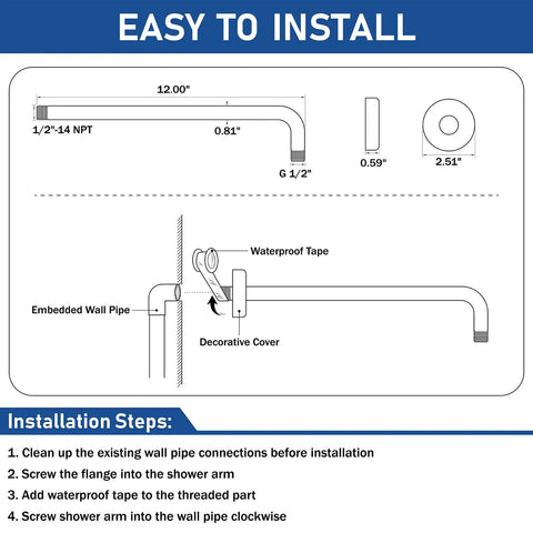 Diagram of Extra Long 16 Inch Stainless Steel Shower Arm With Flange In Oil Rubbed Bronze, Heavy Duty Shower Head Extension installation.