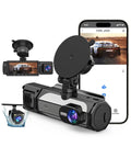 3 Channel Dash Cam For Cars Front Cabin And Rear Cameras With 1080P Resolution 32GB Card displayed alongside smartphone app