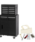 Badass Rolling Tool Chest With Detachable Top Box And Lockable Casters For Tough Shop Storage Featuring Beefy Cold Rolled Steel Build And Sleek Black Finish. Tool chest with drawers and tools nearby.