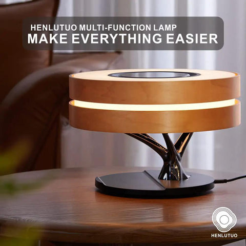 Maple Log Table Lamp With 10W Wireless Charging Two 5W Bluetooth Speakers Bass LED Light Shade Sleep Mode Smart Touch Control