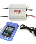 Beefy 2 Channel Bridgeable Marine Amplifier With 200 Watt RMS At 4 Ohm Wireless Bluetooth Connectivity shown with accessories.