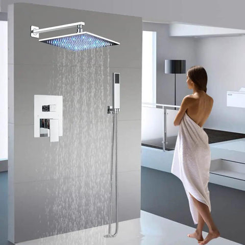Two Way Chrome Shower System With 10 Inch LED Rain Head Wall Mounted Handheld Sprayer Brass Valve Rough In Body Pro Grade Spa Quality Chrome Finish Air Energy Technology For Consistent Powerful Rain in modern bathroom