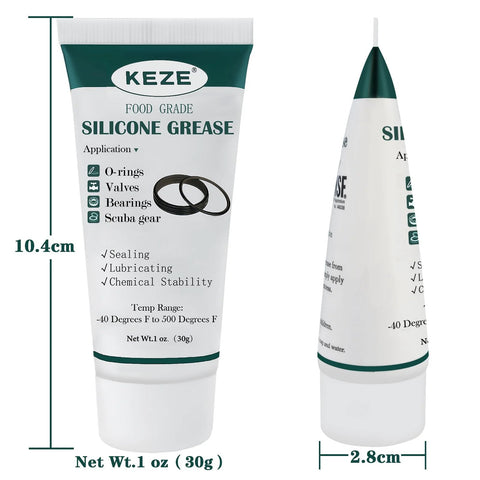 KEZE waterproof food-grade silicone grease tube, 1 oz; front and side view for O-rings, valves, bearings
