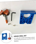 Front view: OSALADI hinge drill bit kit with blue mounting guide, orange bit, Allen key, and screws