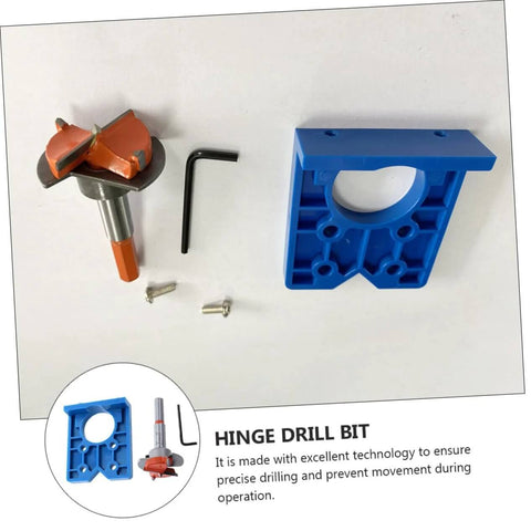 Front view: OSALADI hinge drill bit kit with blue mounting guide, orange bit, Allen key, and screws