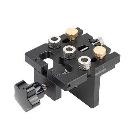 Pro Shop Quality High Precision Woodworking Hole Punch Tool Dowel Jig For Accurate Hole Location In Furniture Assembly And DIY Projects Aluminum Alloy Construction For Long Lasting Performance, black aluminum alloy jig with knobs