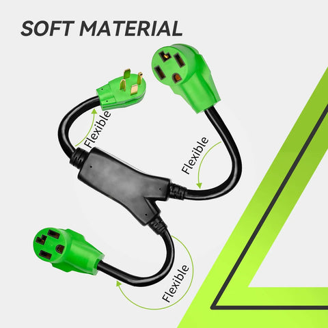 Green 4 Prong Dryer Splitter 30 Amp NEMA 14-30P To Dual 14-30R Y Receptacles with flexible design.