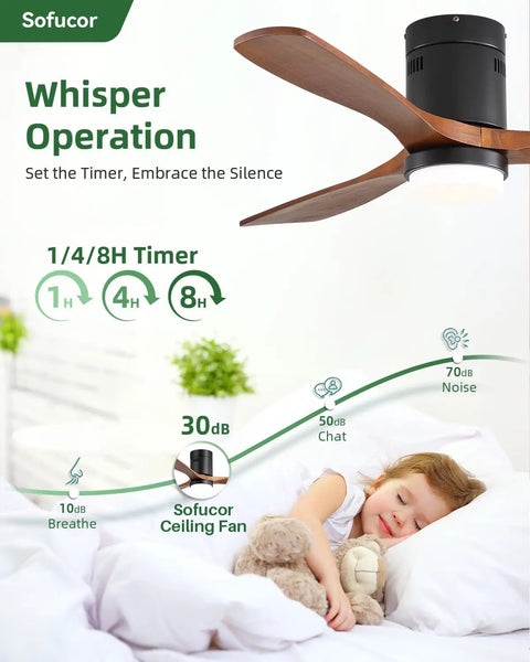 Top Notch 52 Inch Wood Ceiling Fan With Dimmable LED Lights And Wireless Remote low profile build in bedroom, whisper operation.