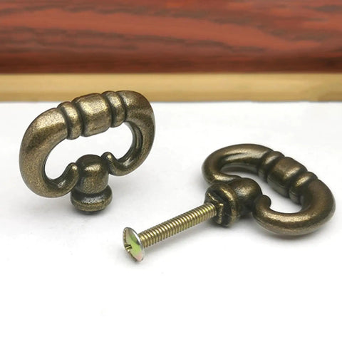 Two Pack Vintage Style Drawer Knob Ring In Antique Bronze with mounting screws shown on white background.