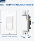 30 Pack Decorator Single Pole And 3 Way Light Switches UL Listed Ideal For Hallways And Large Rooms Easy Install For DIY Home Wiring And Quick Home Upgrades slim white switch front and side view