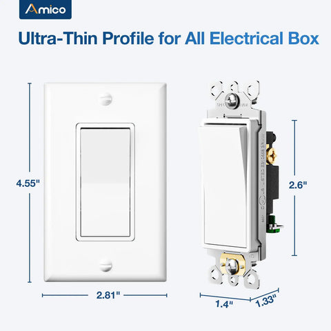 30 Pack Decorator Single Pole And 3 Way Light Switches UL Listed Ideal For Hallways And Large Rooms Easy Install For DIY Home Wiring And Quick Home Upgrades slim white switch front and side view