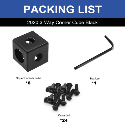 Packing list showing 8 black corner cubes, 24 screws, 1 hex key for 8 Pack 2020 Corner Cube M6 Black Connectors For V Slot Aluminum Extrusion.