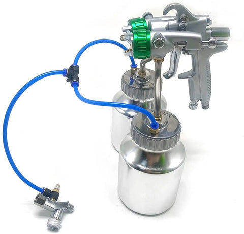 Heavy Duty Double Nozzle Paint Spray Gun With 1200 Rpm Pneumatic Feed And 1.3 Mm Tips, dual nozzle design with stainless material for smooth finishes.