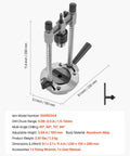 Pro Grade Multi Angle Drill Guide Jig For Woodworking Portable Precision Drilling Guide With 45 Degree 60 Degree 75 Degree 90 Degree Settings Aluminum Alloy Build Large Handle Mounting Holes For Accurate Angled Or Straight Holes shown with dimensions and accessories.
