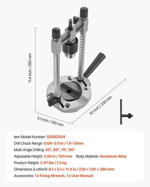 Pro Grade Multi Angle Drill Guide Jig For Woodworking Portable Precision Drilling Guide With 45 Degree 60 Degree 75 Degree 90 Degree Settings Aluminum Alloy Build Large Handle Mounting Holes For Accurate Angled Or Straight Holes shown with dimensions and accessories.