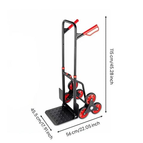 Stair Climbing Hand Truck For Movers Portable Folding Cart Built With Sturdy Metal Frame Perforated Loading Base And Burgundy Handle Grips For Easy Stair Hauling And Heavy Lifting On The Job, 115 cm tall