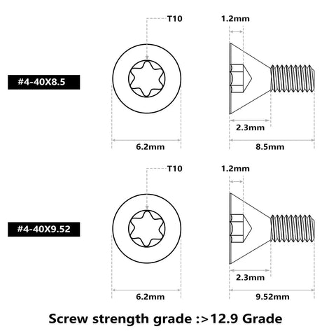 Badass 30 Piece Red Dot Sight Screw Kit Featuring Five Precision Metric Thread Lengths For Totally Smooth Optic Mounting and zero sweat scope installations for your rifle build, showing T10 screws with dimensions.