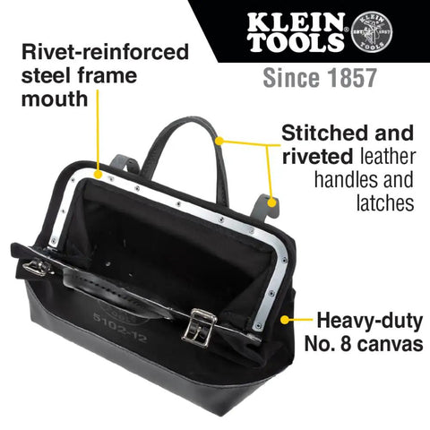 Heavy Duty Black Canvas Tool Bag With Wide Mouth Opening Leather Handles 12 Inch Tool Tote Multi Purpose Carryall For Tools Riveted Frame Vinyl Bottom For Durability