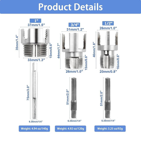 4 In 1 PVC Pipe Threader For Internal And External Threads Taps One Half Three Quarter And One Inch PVC Pipes Drill Compatible Tool sizes shown