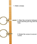 Installation steps for 5 Pack Gold Ring Drawer Pulls With Screws, Brass Cabinet Handles showing alignment and securing process on wood surface.
