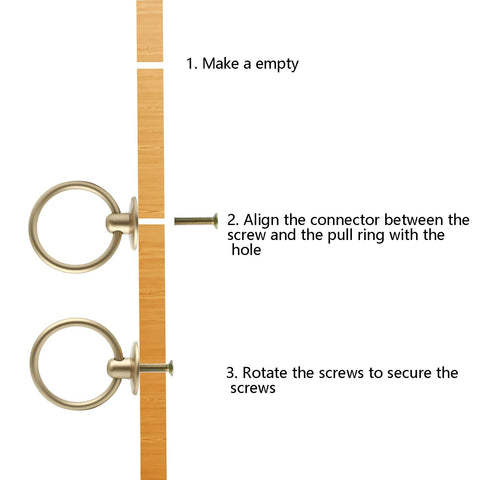 Installation steps for 5 Pack Gold Ring Drawer Pulls With Screws, Brass Cabinet Handles showing alignment and securing process on wood surface.