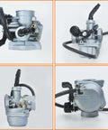 PZ19 Carburetor Kit with air filter, fuel line, and petcock for 50cc-125cc Chinese kids ATVs, go karts, dirt bikes, side angles.