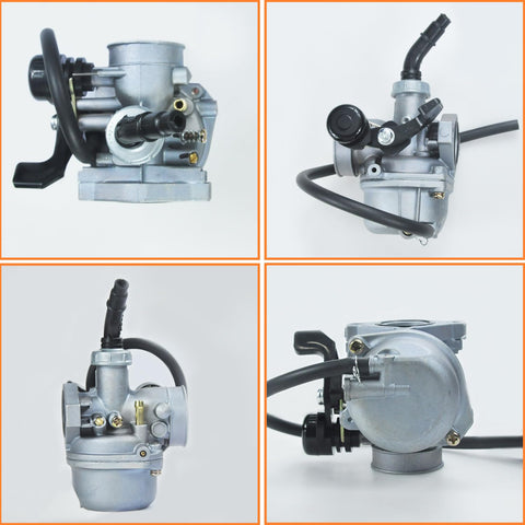 PZ19 Carburetor Kit with air filter, fuel line, and petcock for 50cc-125cc Chinese kids ATVs, go karts, dirt bikes, side angles.