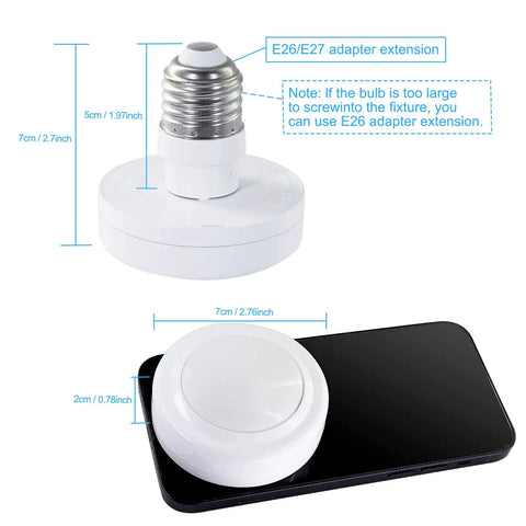 E26 adapter for Two Pack Battery Operated LED Light Bulbs With Remote Control Dimmable Timer, shown with dimensions.