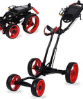 No Sweat Four Wheel Electric Golf Push Cart With One Key Auto Open Close, red wheels, compact, adjustable handle.