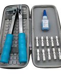 Ultimate Fk8 Refrigerator Repair Tool Kit With Sealing Fluid And Composite Rings For Quick A C Leak Fixes and Professional Crimping Jobs Made Easy, includes hand tool, sealant, and composite rings.