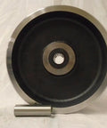 Heavy Duty 8 Inch Drop Forged Steel Casters With Rock Solid Total Lock Design And Kingpinless Build Rated To Crush Loads Up To 3000 Pounds showing a black wheel with a metal rim.