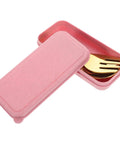 Portable Stainless Steel Picnic Cutlery Set With Reusable Forks And Spoons In Pink Case, closed view showing compact design