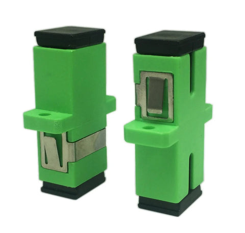 Angled view of two green SC fiber optic adapters (female-to-female) with metal contacts for panel-mount use