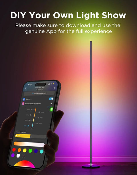 Front view of Govee RGBIC Floor Lamp Basic, slim metal standing lamp with multicolor glow and smartphone app.