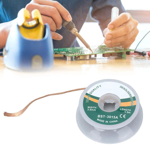No Clean Desoldering Wick Braided Copper Solder Removal Braid for PCB Rework and Electronics Repair, spool 1.5m, 3.0mm width