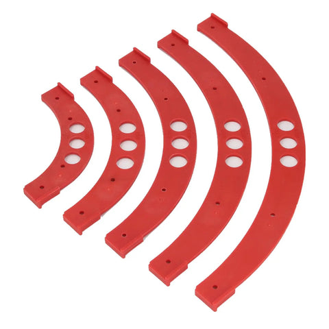No Fuss Radius Template R100 To R300 Adjustable Corner Guide Rock Solid Woodworking Jig showing red curved layout tools.